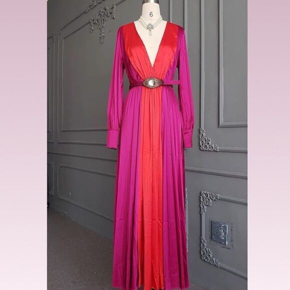 Vintage Style Silky Satin Color-blocking Long Sleeved Dress - Picture 1 of 13